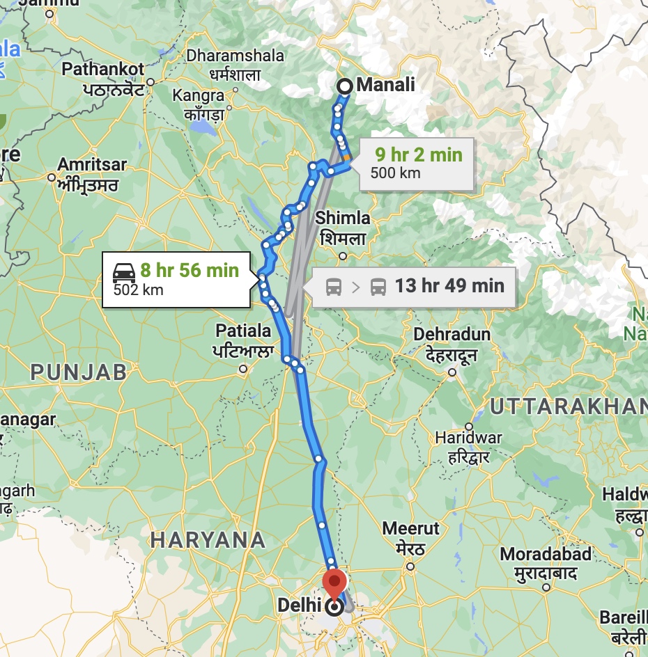 Manali Delhi Road Trip Map 